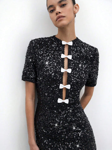 Maija Elegant Retro Black Glitter Bow Decor Short Dress, Versatile Design For Holiday Party, Urban Casual Daily Wear, Autumn & Winter