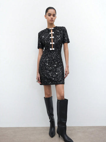 Maija Elegant Retro Black Glitter Bow Decor Short Dress, Versatile Design For Holiday Party, Urban Casual Daily Wear, Autumn & Winter