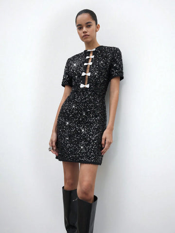 Maija Elegant Retro Black Glitter Bow Decor Short Dress, Versatile Design For Holiday Party, Urban Casual Daily Wear, Autumn & Winter