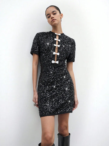 Maija Elegant Retro Black Glitter Bow Decor Short Dress, Versatile Design For Holiday Party, Urban Casual Daily Wear, Autumn & Winter
