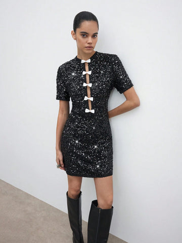 Maija Elegant Retro Black Glitter Bow Decor Short Dress, Versatile Design For Holiday Party, Urban Casual Daily Wear, Autumn & Winter