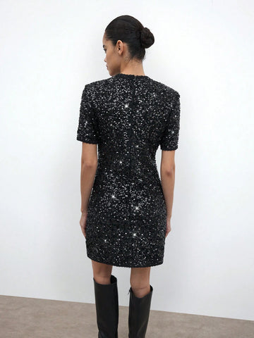 Maija Elegant Retro Black Glitter Bow Decor Short Dress, Versatile Design For Holiday Party, Urban Casual Daily Wear, Autumn & Winter