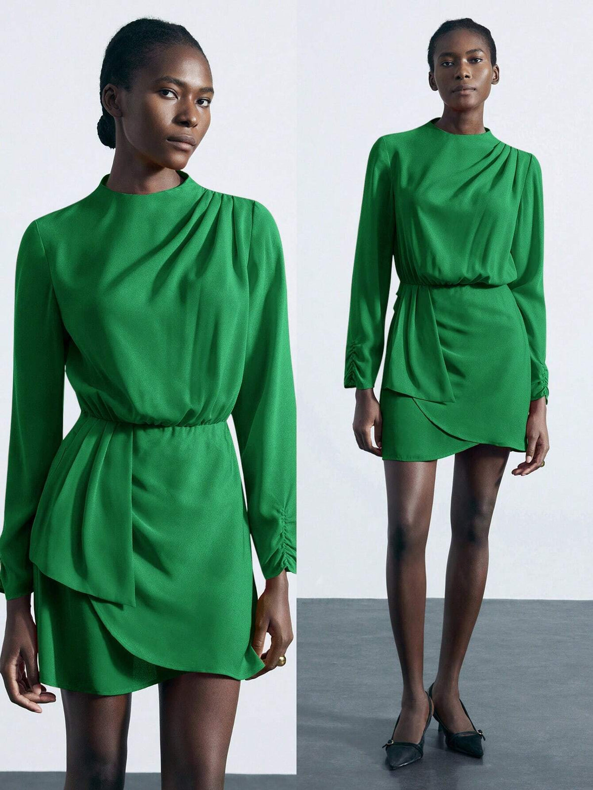 Maija Green Women's Elegant Party Mini Dress With Stand Collar, Gathered Shoulders & Cuffs, Cinched Waist, Asymmetric Hem, Long Sleeves For Autumn/Winter