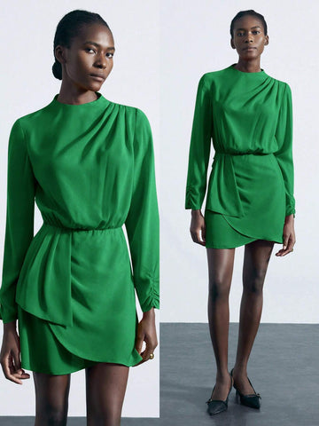 Maija Green Women's Elegant Party Mini Dress With Stand Collar, Gathered Shoulders & Cuffs, Cinched Waist, Asymmetric Hem, Long Sleeves For Autumn/Winter