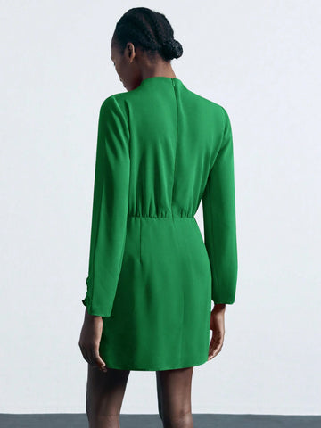 Maija Green Women's Elegant Party Mini Dress With Stand Collar, Gathered Shoulders & Cuffs, Cinched Waist, Asymmetric Hem, Long Sleeves For Autumn/Winter