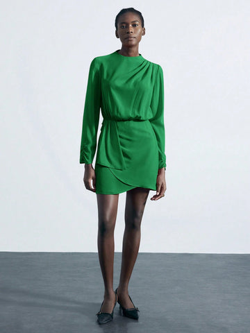 Maija Green Women's Elegant Party Mini Dress With Stand Collar, Gathered Shoulders & Cuffs, Cinched Waist, Asymmetric Hem, Long Sleeves For Autumn/Winter