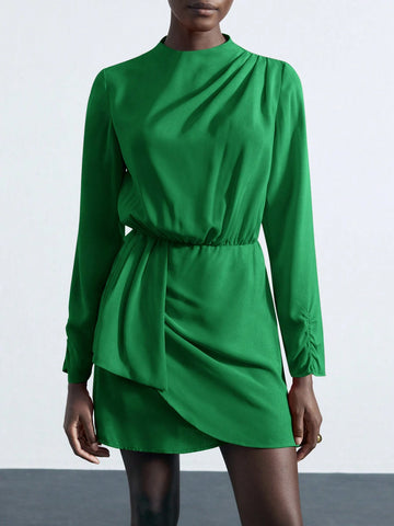 Maija Green Women's Elegant Party Mini Dress With Stand Collar, Gathered Shoulders & Cuffs, Cinched Waist, Asymmetric Hem, Long Sleeves For Autumn/Winter