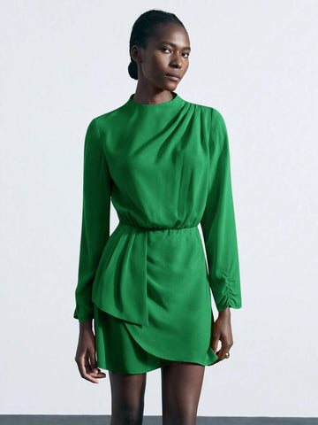 Maija Green Women's Elegant Party Mini Dress With Stand Collar, Gathered Shoulders & Cuffs, Cinched Waist, Asymmetric Hem, Long Sleeves For Autumn/Winter