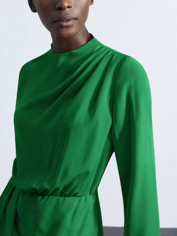 Maija Green Women's Elegant Party Mini Dress With Stand Collar, Gathered Shoulders & Cuffs, Cinched Waist, Asymmetric Hem, Long Sleeves For Autumn/Winter