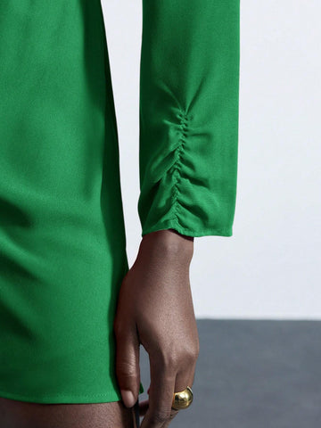 Maija Green Women's Elegant Party Mini Dress With Stand Collar, Gathered Shoulders & Cuffs, Cinched Waist, Asymmetric Hem, Long Sleeves For Autumn/Winter