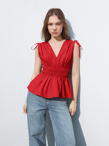 Maija Khaki Women's Solid Color V-Neck Tie Front Ruffle Hem Sleeveless Shirt, Summer