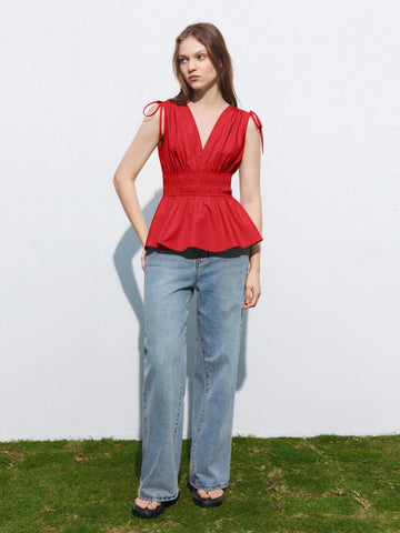 Maija Khaki Women's Solid Color V-Neck Tie Front Ruffle Hem Sleeveless Shirt, Summer