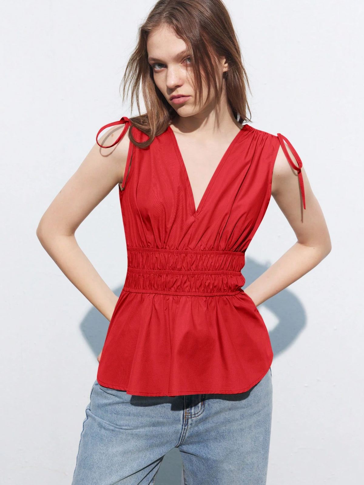 Maija Khaki Women's Solid Color V-Neck Tie Front Ruffle Hem Sleeveless Shirt, Summer