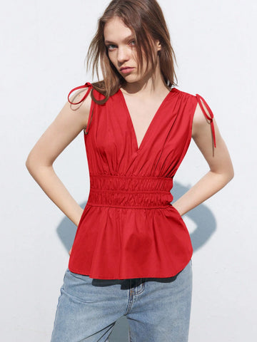 Maija Khaki Women's Solid Color V-Neck Tie Front Ruffle Hem Sleeveless Shirt, Summer