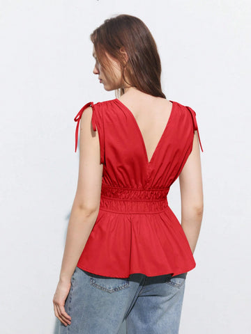 Maija Khaki Women's Solid Color V-Neck Tie Front Ruffle Hem Sleeveless Shirt, Summer