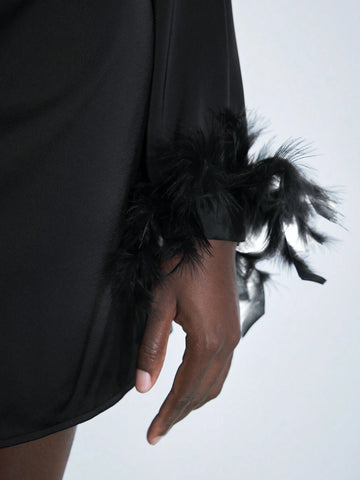 Maija Ladies Elegant Solid Color Hollow Out Feather Sleeve Mini Dress For Autumn