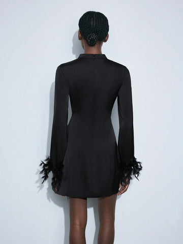 Maija Ladies Elegant Solid Color Hollow Out Feather Sleeve Mini Dress For Autumn