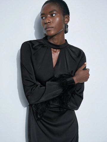 Maija Ladies Elegant Solid Color Hollow Out Feather Sleeve Mini Dress For Autumn