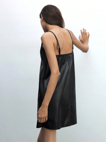 Maija Ladies Elegant Solid Color Lace Patchwork Spaghetti Strap Short Dress