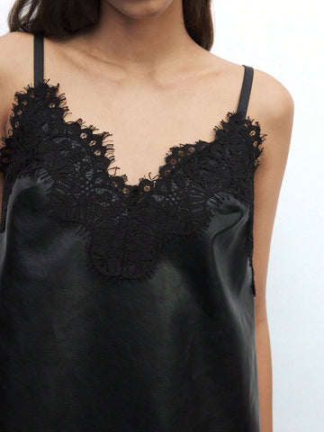 Maija Ladies Elegant Solid Color Lace Patchwork Spaghetti Strap Short Dress