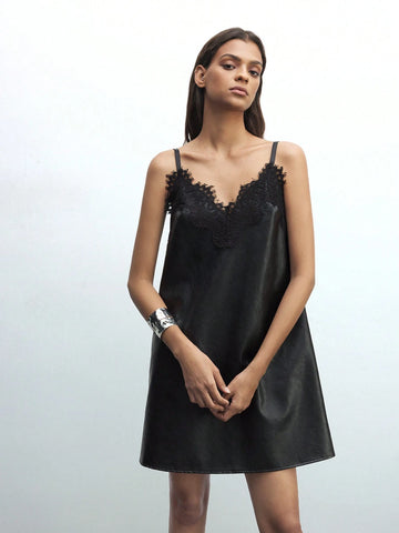 Maija Ladies Elegant Solid Color Lace Patchwork Spaghetti Strap Short Dress