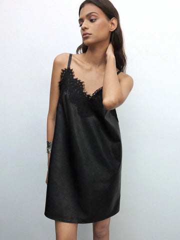 Maija Ladies Elegant Solid Color Lace Patchwork Spaghetti Strap Short Dress