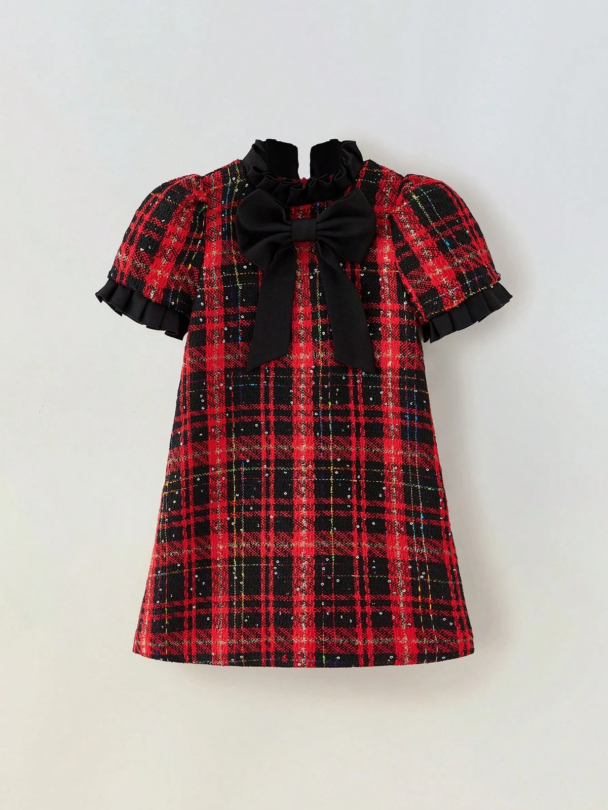 Maija Loose Casual Puff Sleeve Tweed Patchwork Dress For Young Girls
