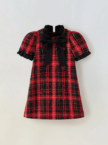 Maija Loose Casual Puff Sleeve Tweed Patchwork Dress For Young Girls