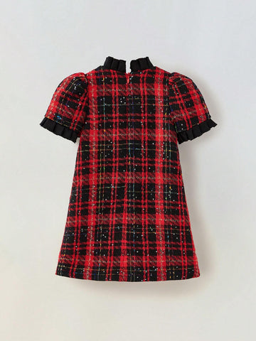 Maija Loose Casual Puff Sleeve Tweed Patchwork Dress For Young Girls