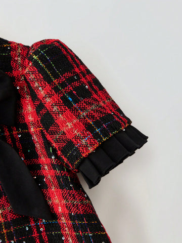 Maija Loose Casual Puff Sleeve Tweed Patchwork Dress For Young Girls