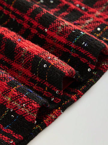 Maija Loose Casual Puff Sleeve Tweed Patchwork Dress For Young Girls