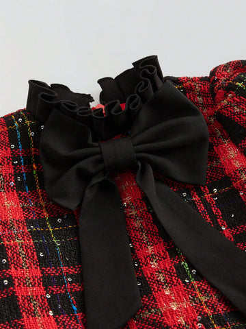 Maija Loose Casual Puff Sleeve Tweed Patchwork Dress For Young Girls