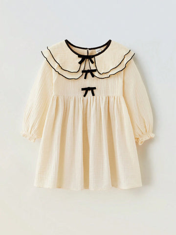 Maija Loose Casual Young Girl Double-Layer Peter Pan Collar Bowknot Decor Long Sleeve Dress