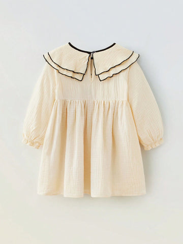 Maija Loose Casual Young Girl Double-Layer Peter Pan Collar Bowknot Decor Long Sleeve Dress