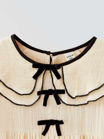 Maija Loose Casual Young Girl Double-Layer Peter Pan Collar Bowknot Decor Long Sleeve Dress