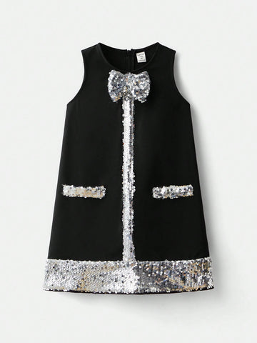 Maija Loose Round Neck Patchwork Sequins Bow Decor Dress