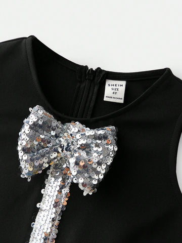 Maija Loose Round Neck Patchwork Sequins Bow Decor Dress