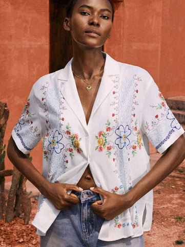 Maija Multi-Color Embroidery Casual Vacation Women Short Sleeve Blouse