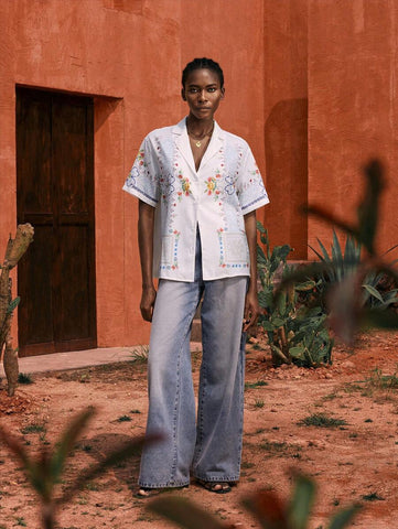 Maija Multi-Color Embroidery Casual Vacation Women Short Sleeve Blouse