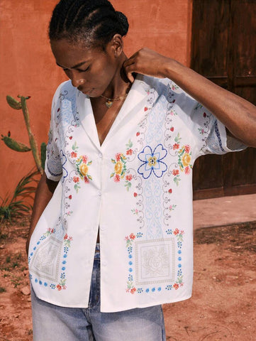 Maija Multi-Color Embroidery Casual Vacation Women Short Sleeve Blouse