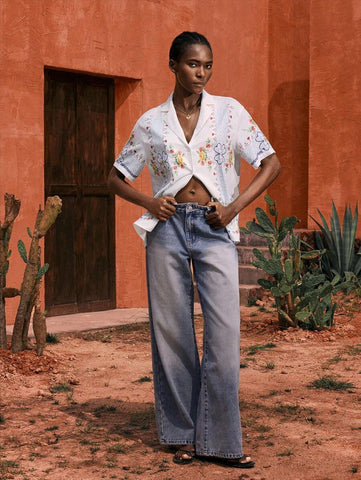 Maija Multi-Color Embroidery Casual Vacation Women Short Sleeve Blouse