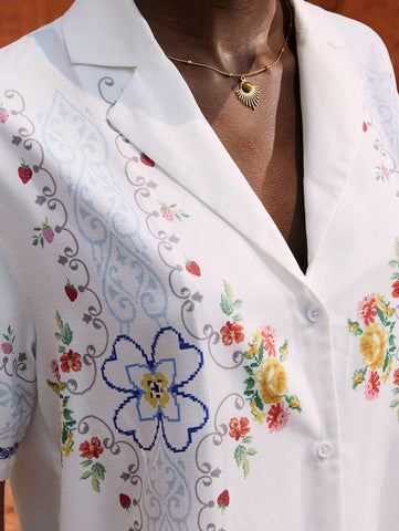 Maija Multi-Color Embroidery Casual Vacation Women Short Sleeve Blouse