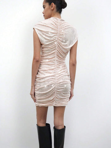 Maija New Arrival Women Holiday Party Rhinestone Glitter Fabric Short Ruched Bodycon Dress, Autumn/Winter