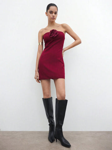 Maija New Autumn/Winter Christmas Elegant Holiday Party Urban Chic Women Wine Red Short Dress With 3D Floral Decor, Cocktail