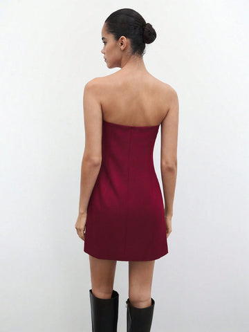 Maija New Autumn/Winter Christmas Elegant Holiday Party Urban Chic Women Wine Red Short Dress With 3D Floral Decor, Cocktail