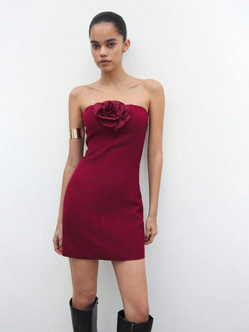 Maija New Autumn/Winter Christmas Elegant Holiday Party Urban Chic Women Wine Red Short Dress With 3D Floral Decor, Cocktail