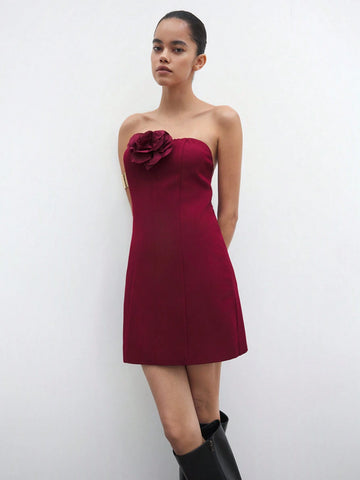 Maija New Autumn/Winter Christmas Elegant Holiday Party Urban Chic Women Wine Red Short Dress With 3D Floral Decor, Cocktail