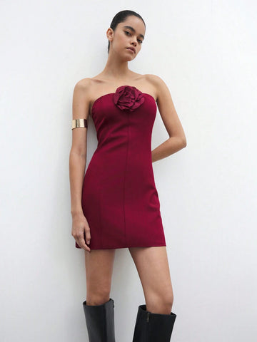 Maija New Autumn/Winter Christmas Elegant Holiday Party Urban Chic Women Wine Red Short Dress With 3D Floral Decor, Cocktail