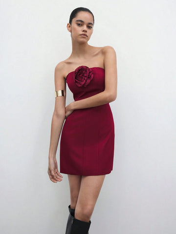 Maija New Autumn/Winter Christmas Elegant Holiday Party Urban Chic Women Wine Red Short Dress With 3D Floral Decor, Cocktail