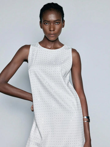 Maija New Autumn/Winter Urban Chic Elegant Daily Wear V-Neck Women White Crystal Embellish Back Design Midi Dress